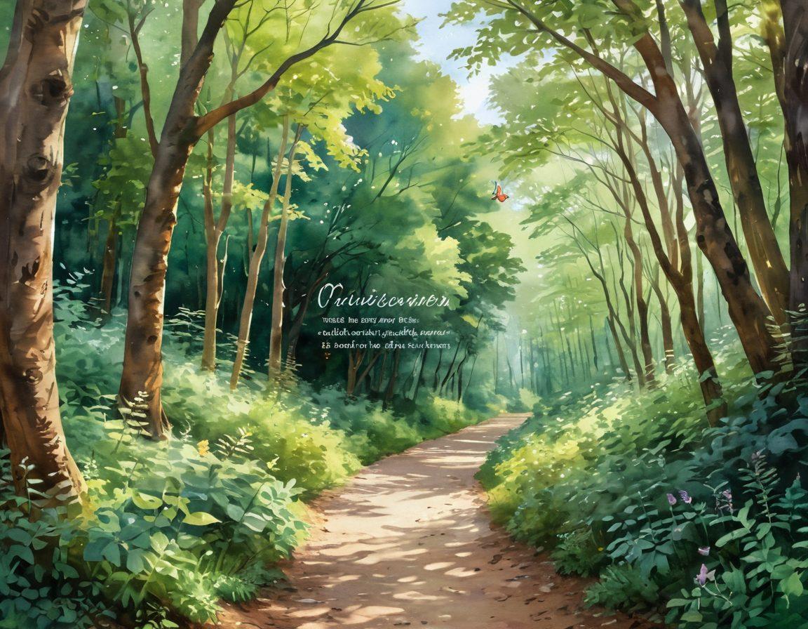 A serene path winding through a lush, green forest symbolizing the journey of cancer patients, with warm sunlight filtering through the leaves. Along the sides, inspiring illustrated quotes from survivors are displayed, and gentle butterflies flutter around, symbolizing hope and transformation. The foreground features diverse individuals (patients and survivors) sharing stories, exuding strength and positivity. watercolor style. soft pastel colors. uplifting and warm atmosphere.