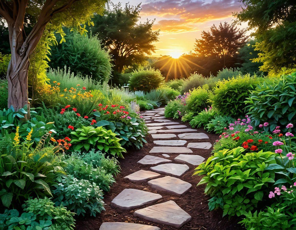 A serene landscape showing a path winding through a lush garden, symbolizing healing and treatment options. Include elements representing chemotherapy, such as a gentle infusion bottle, alongside fresh vegetables and herbal plants to symbolize nutrition. A warm sunset casts a golden glow over the scene, embodying hope and holistic healing. Soft, inviting colors enhance the feeling of tranquility. super-realistic. vibrant colors. painting.