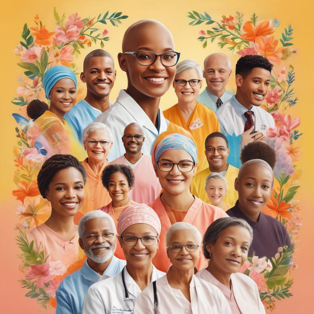 A collage of diverse individuals, each representing different backgrounds and ages, sharing their personal triumphs over cancer. Include elements like hospital settings, nature, and family support, symbolizing hope and resilience. Use warm and uplifting colors to evoke positivity and strength. Add subtle icons of awareness ribbons and inspirational quotes in the background. super-realistic. vibrant colors. soft focus.